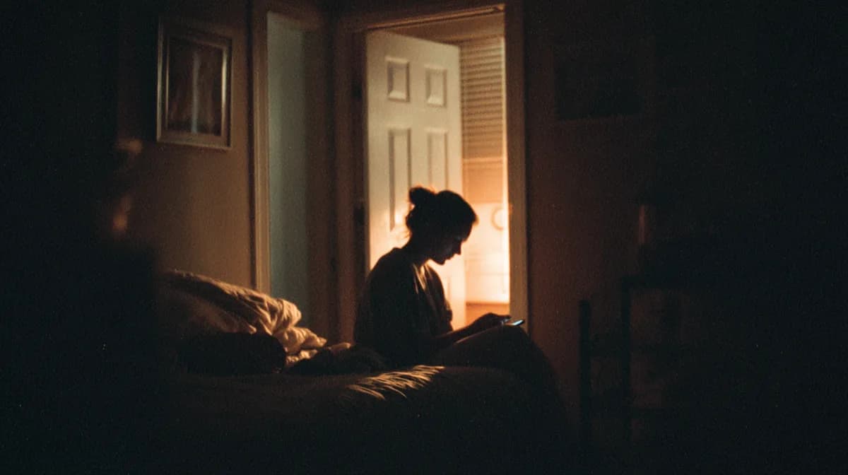 A person sitting quietly with a phone in the evening, in profile.